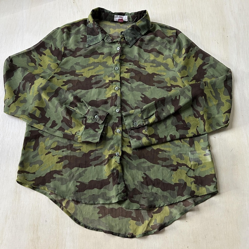 Y2K L.e.i. Shirt Womens Large Green Camouflage Button Up Sheer Long Sleeve Top